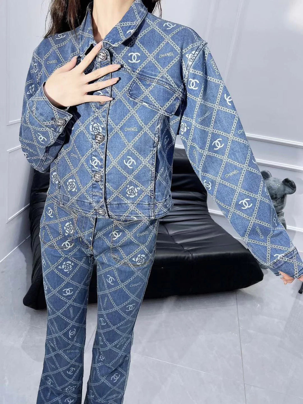 New Camellia Print All-match Fashionable Short Denim Jacket Coat 1024030405