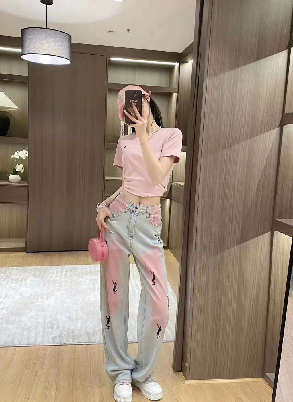 New High Waist Retro Trousers Gradient Pink Straight Jeans 1024031403