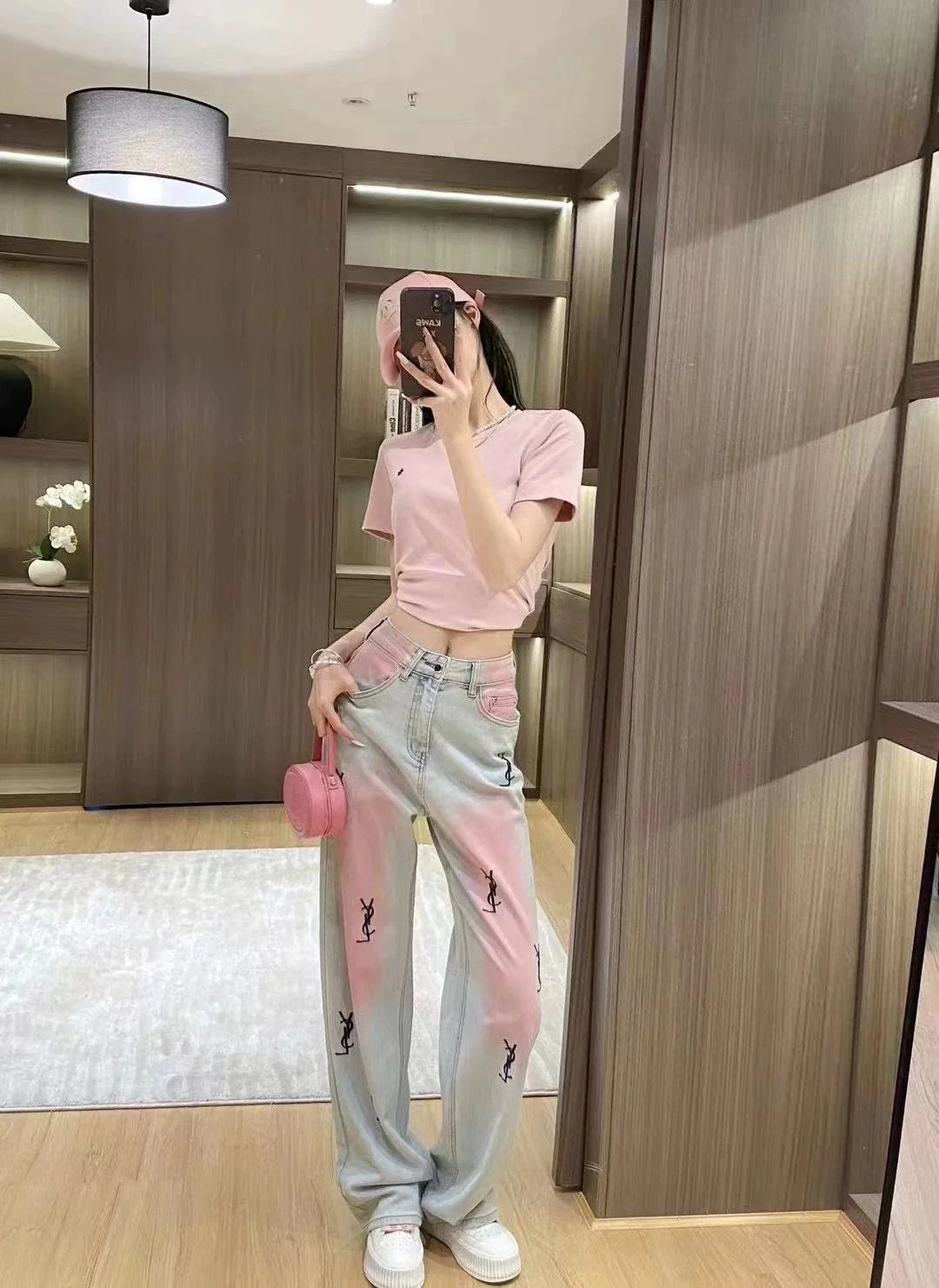New High Waist Retro Trousers Gradient Pink Straight Jeans 1024031403