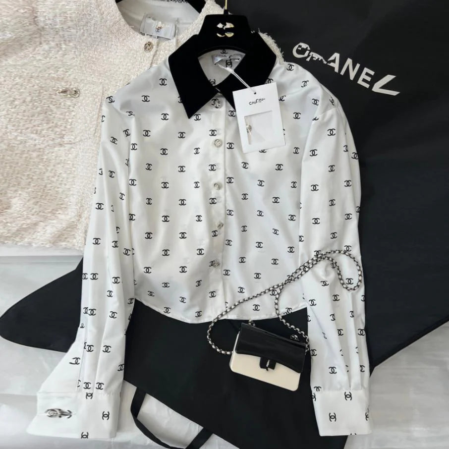Retro Temperament Lapel New Versatile Polka Dot Long Sleeve Shirt 1024041622