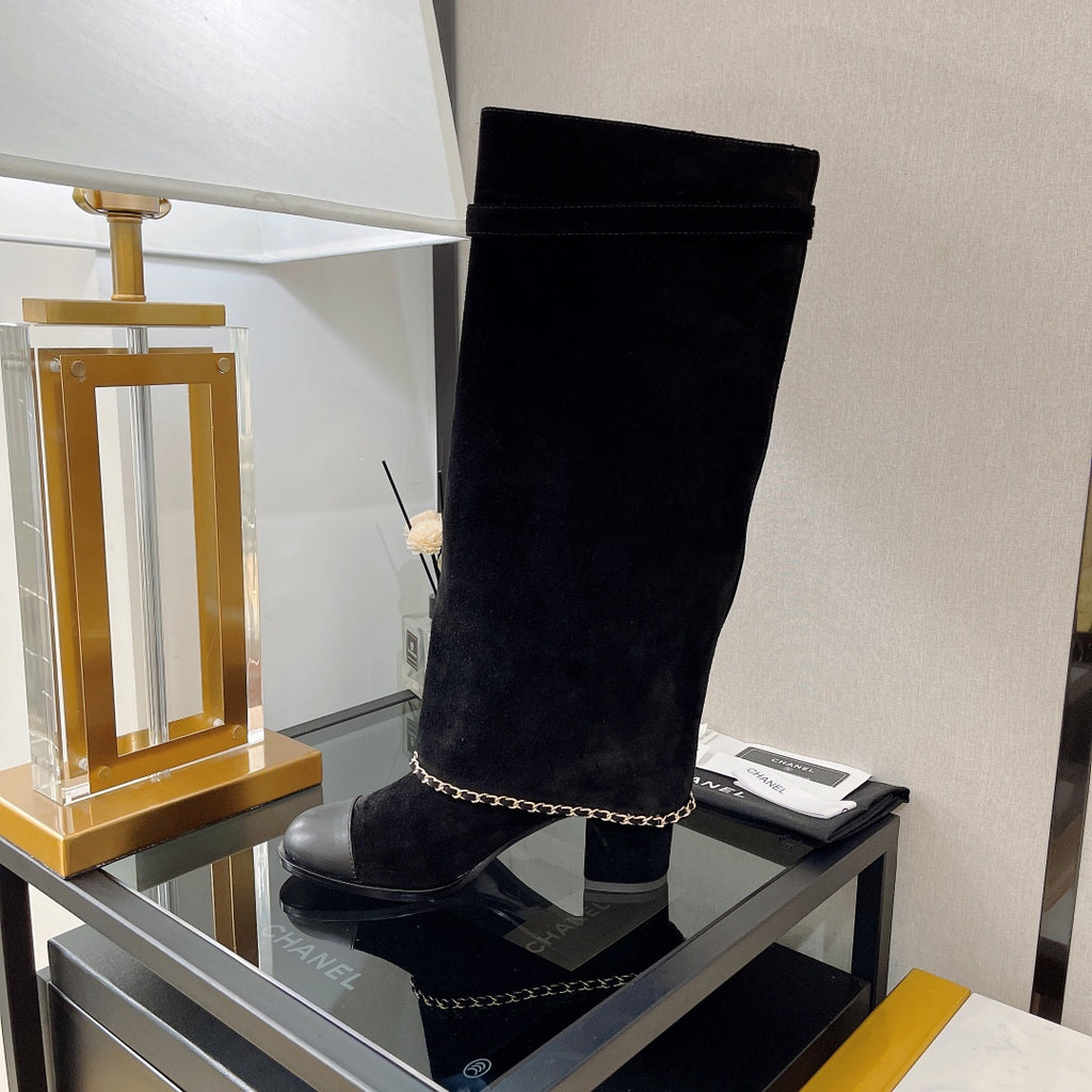 Retro chunky heel chain high boots x090901