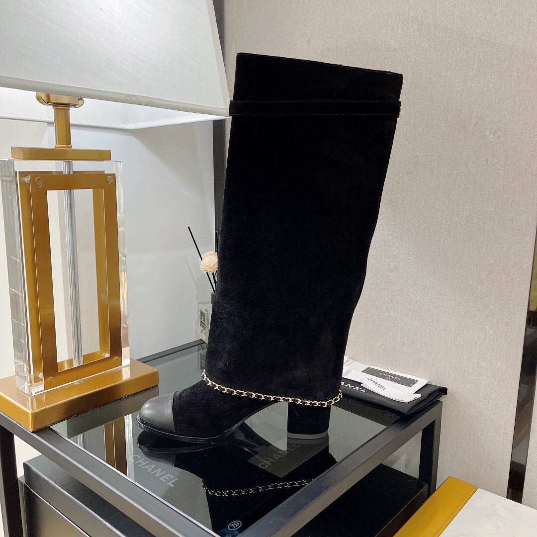 Retro chunky heel chain high boots x090901