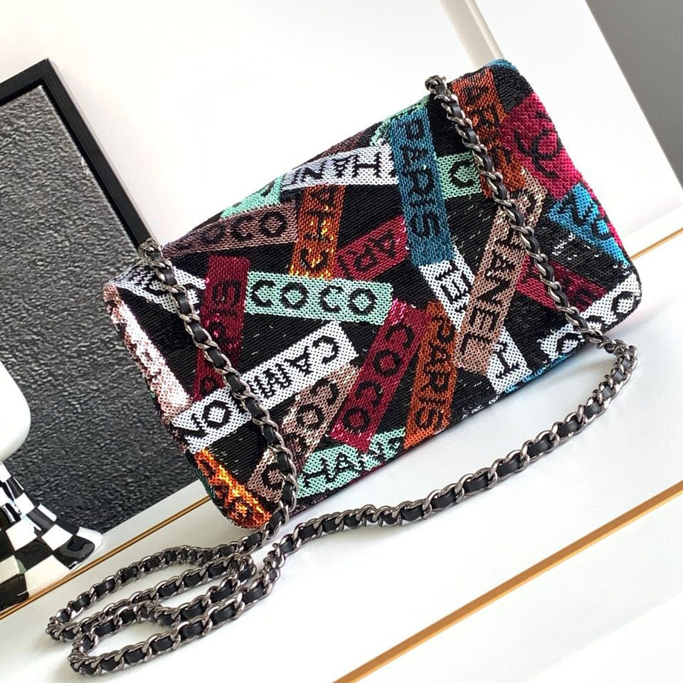 CH Sequins & Ruthenium-Finish Metal Small Flap Bag PZ24092503