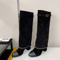 Retro chunky heel chain high boots x090901