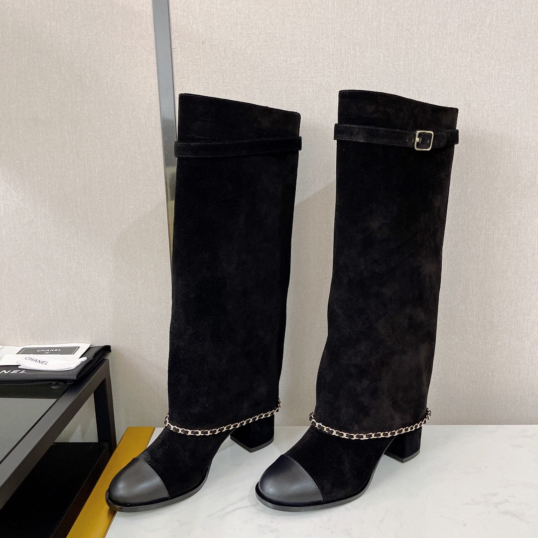 Retro chunky heel chain high boots x090901