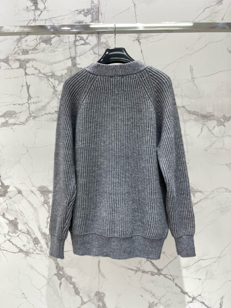 V-Neck Knit Wool Cardigan with SiLer Threads  0725022702
