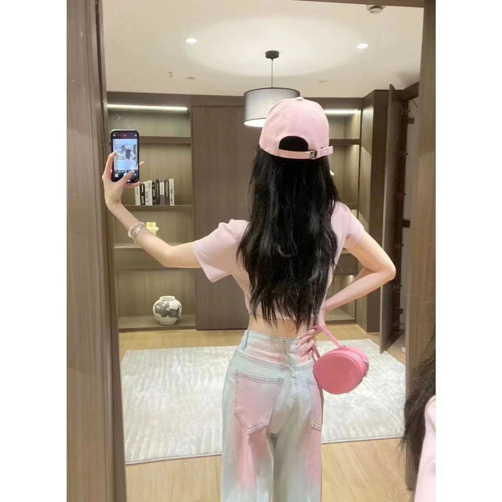 New High Waist Retro Trousers Gradient Pink Straight Jeans 1024031403