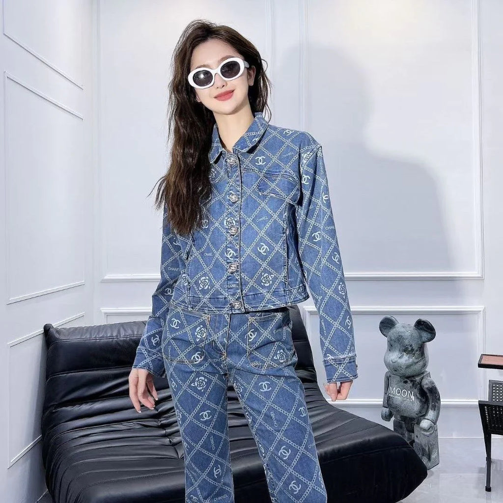 New Camellia Print All-match Fashionable Short Denim Jacket Coat 1024030405