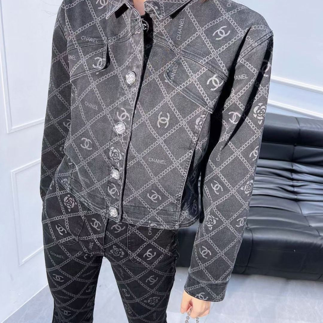 New Camellia Print All-match Fashionable Short Denim Jacket Coat 1024030405