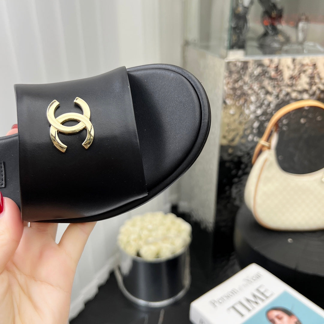 Chane1 top fashion low heel leather slippers 0724030810