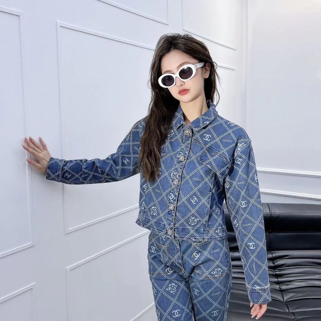 New Camellia Print All-match Fashionable Short Denim Jacket Coat 1024030405