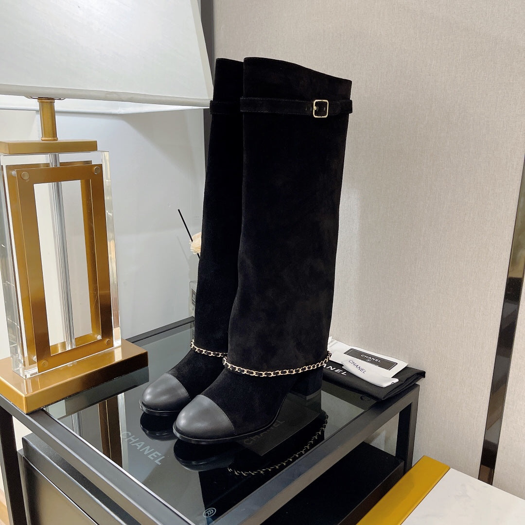 Retro chunky heel chain high boots x090901