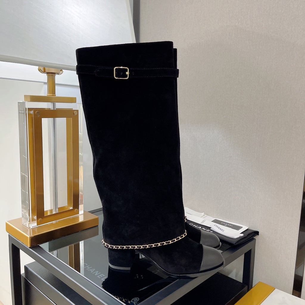 Retro chunky heel chain high boots x090901