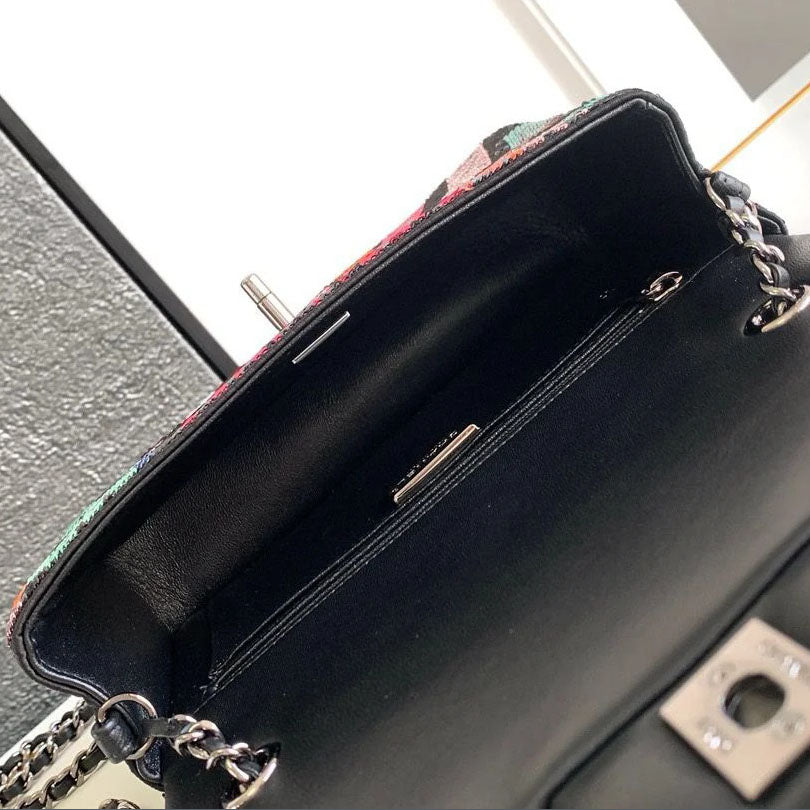 CH Sequins & Ruthenium-Finish Metal Small Flap Bag PZ24092503