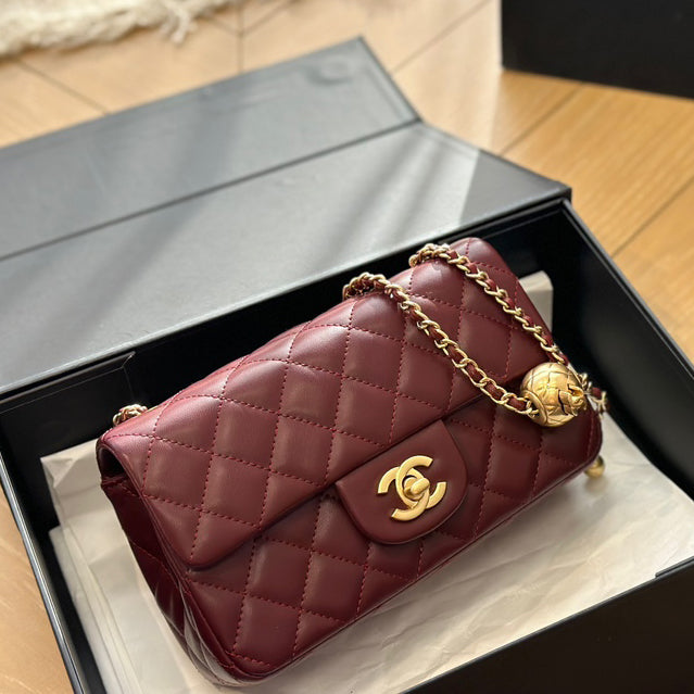 Diamond check wine red chain bag 0724100101