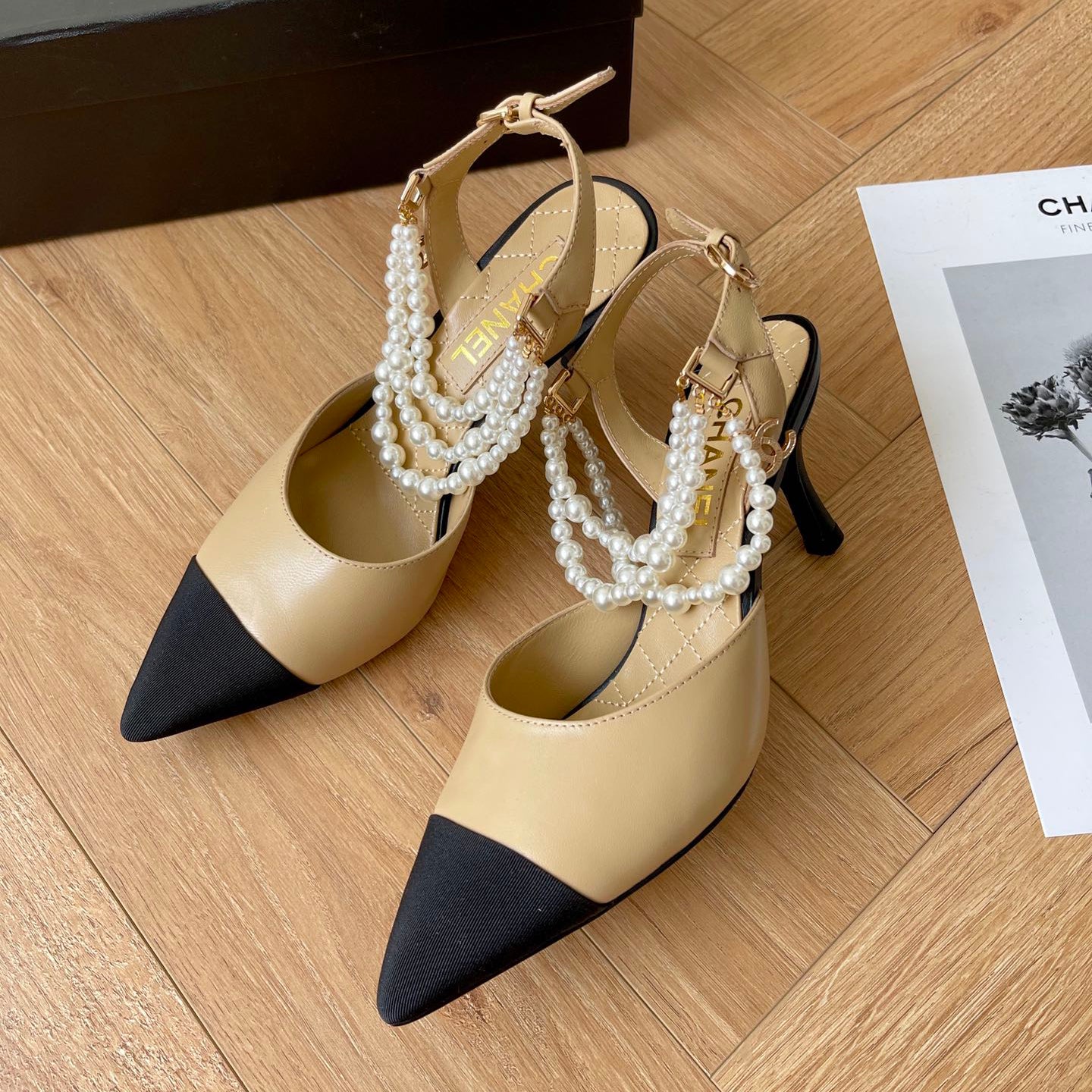 Pointed pearl chain high heel sandals 1824070202