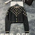fashion gold thread jacquard custom gold buckle custom yarn gradient round neck long sleeve buttoned knitted sweater cardigan jacket XC0723112005