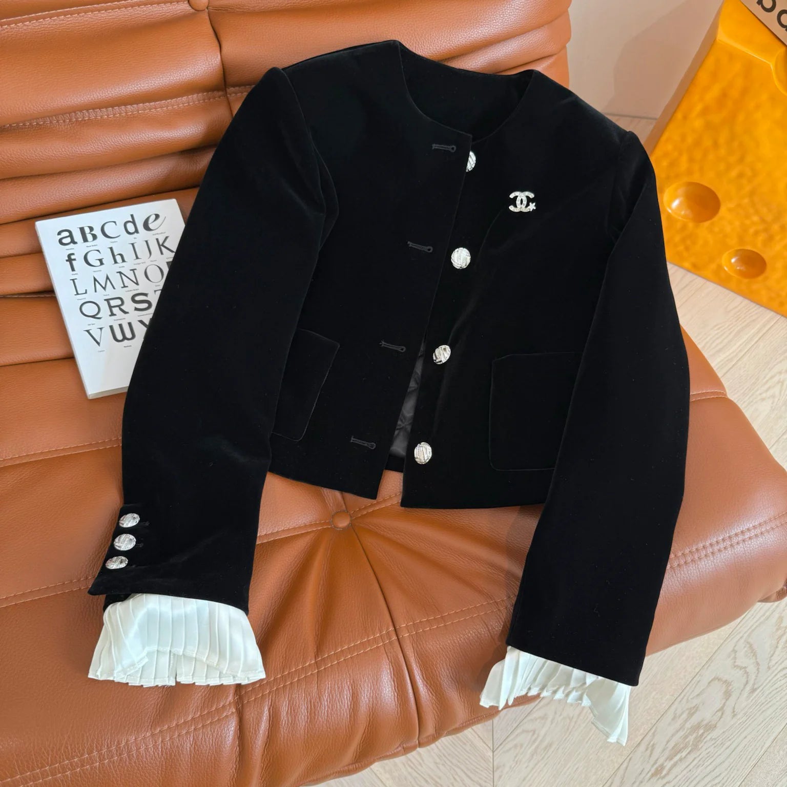 Hundred folds Cotton VeLet Short Coat with Sleeve Splicing 1024110122