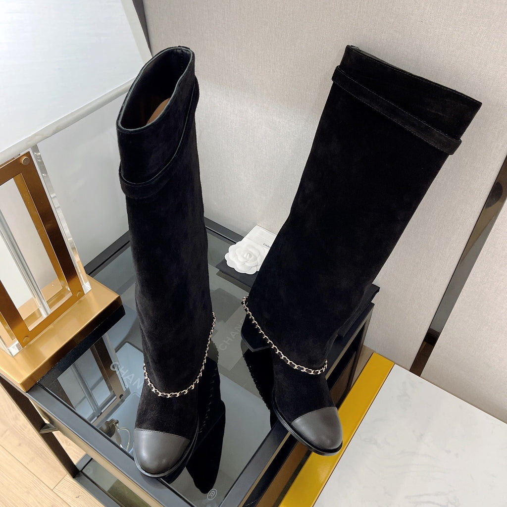 Retro chunky heel chain high boots x090901
