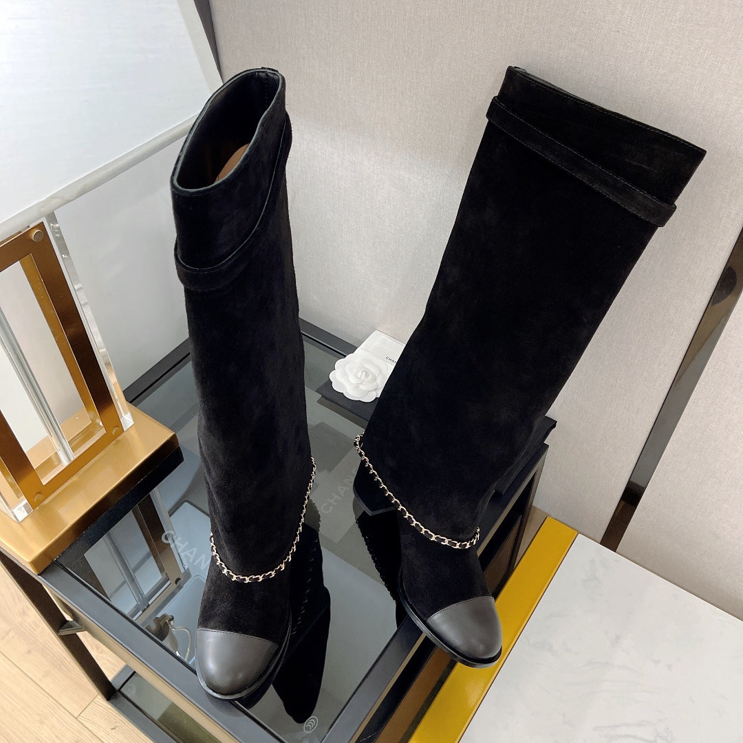 Retro chunky heel chain high boots x090901