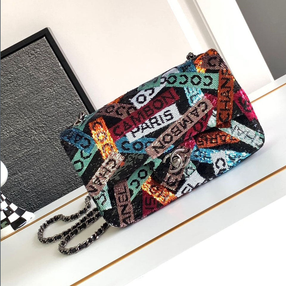 CH Sequins & Ruthenium-Finish Metal Small Flap Bag PZ24092503