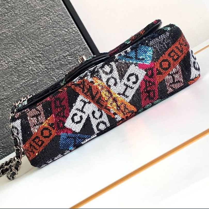 CH Sequins & Ruthenium-Finish Metal Small Flap Bag PZ24092503