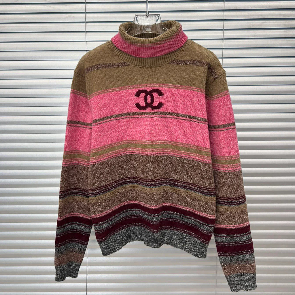 Double C letter contrasting striped high neck knitted sweater 1024102917