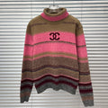 Double C letter contrasting striped high neck knitted sweater 1024102917