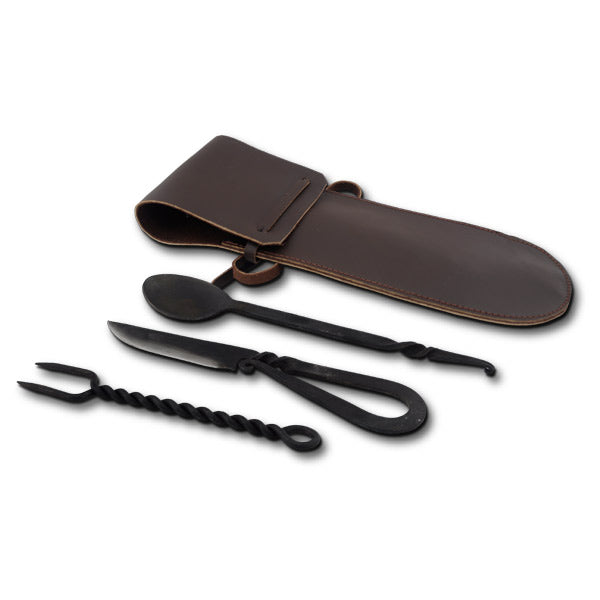 GDFB Blackened Stainless Spoon, Fork, Knife w/Leather Pouch OB3350