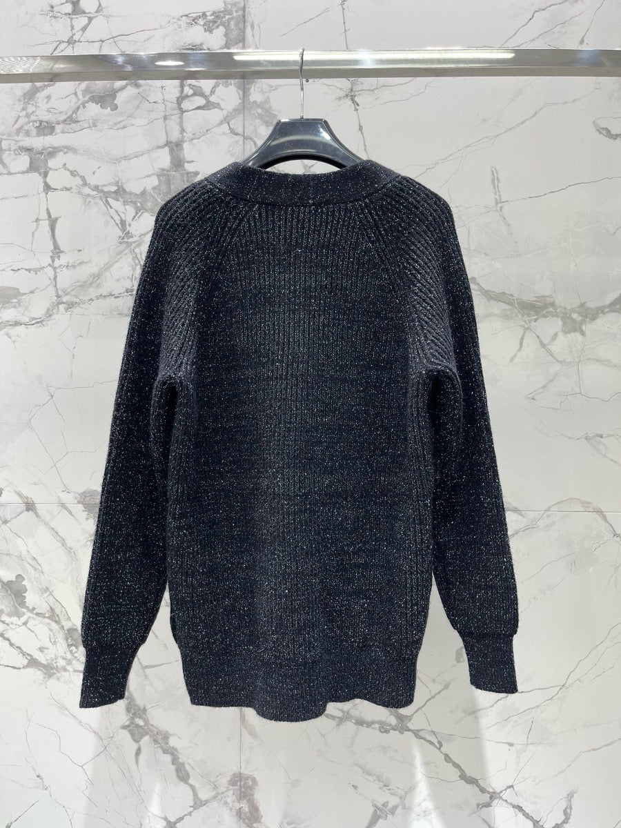 V-Neck Knit Wool Cardigan with SiLer Threads  0725022702
