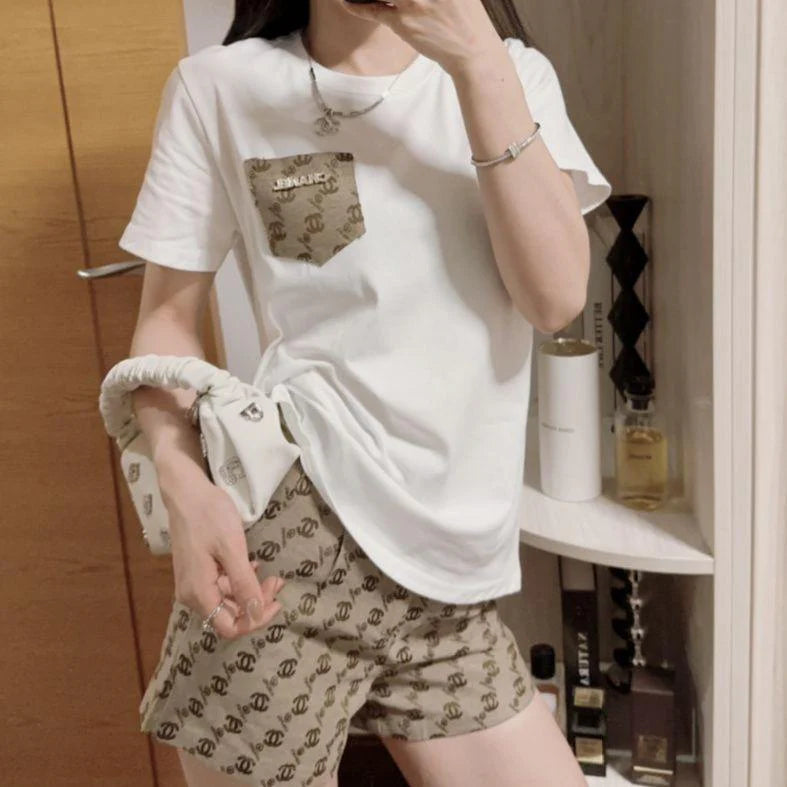 New Style All-match Pocket Embroidered T-shirt Set 1024040305