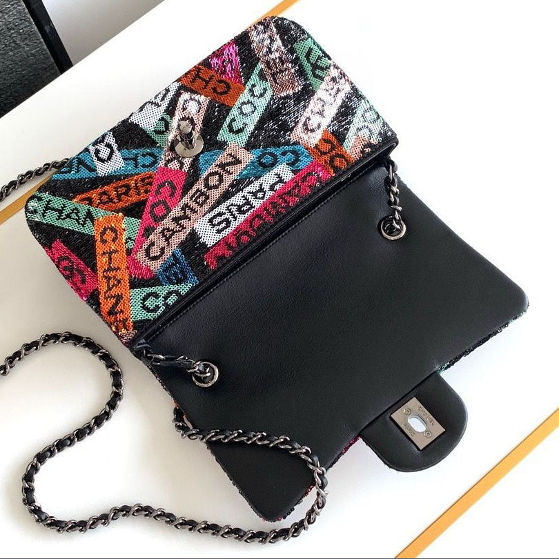 CH Sequins & Ruthenium-Finish Metal Small Flap Bag PZ24092503