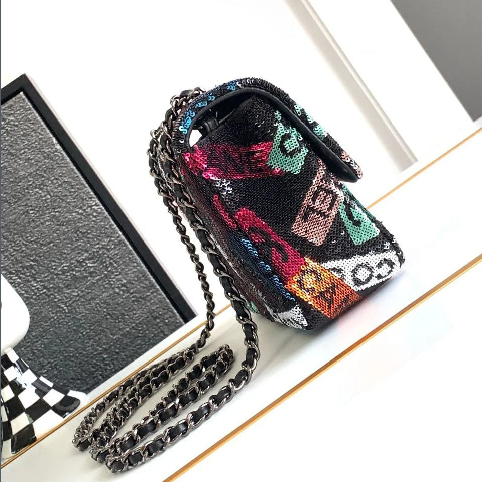 CH Sequins & Ruthenium-Finish Metal Small Flap Bag PZ24092503