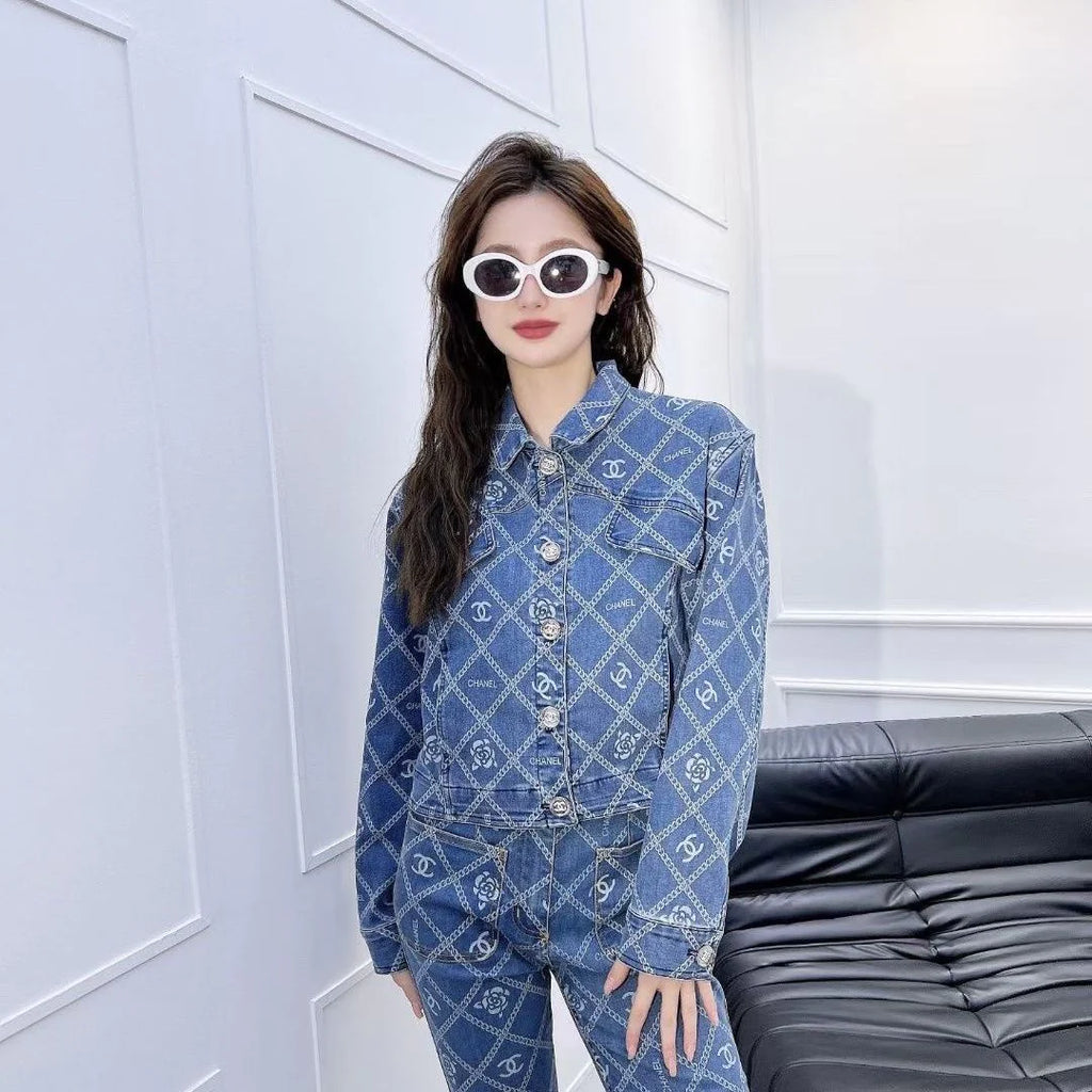 New Camellia Print All-match Fashionable Short Denim Jacket Coat 1024030405
