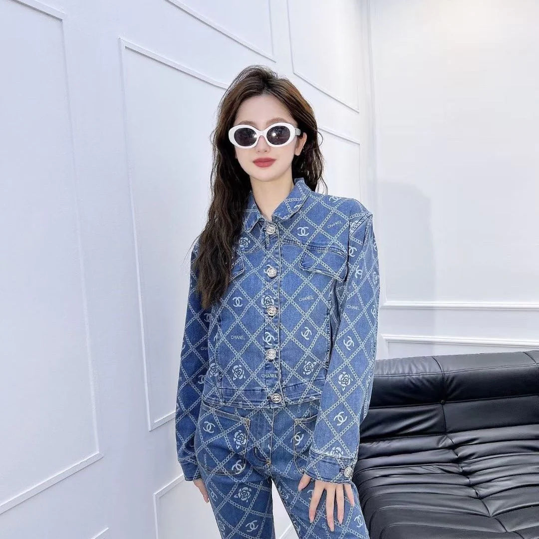 New Camellia Print All-match Fashionable Short Denim Jacket Coat 1024030405