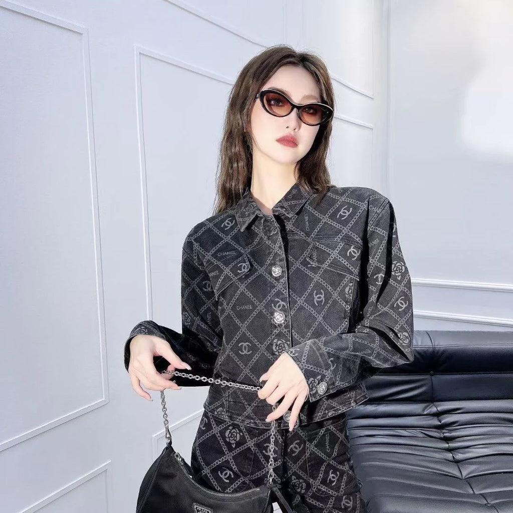 New Camellia Print All-match Fashionable Short Denim Jacket Coat 1024030405