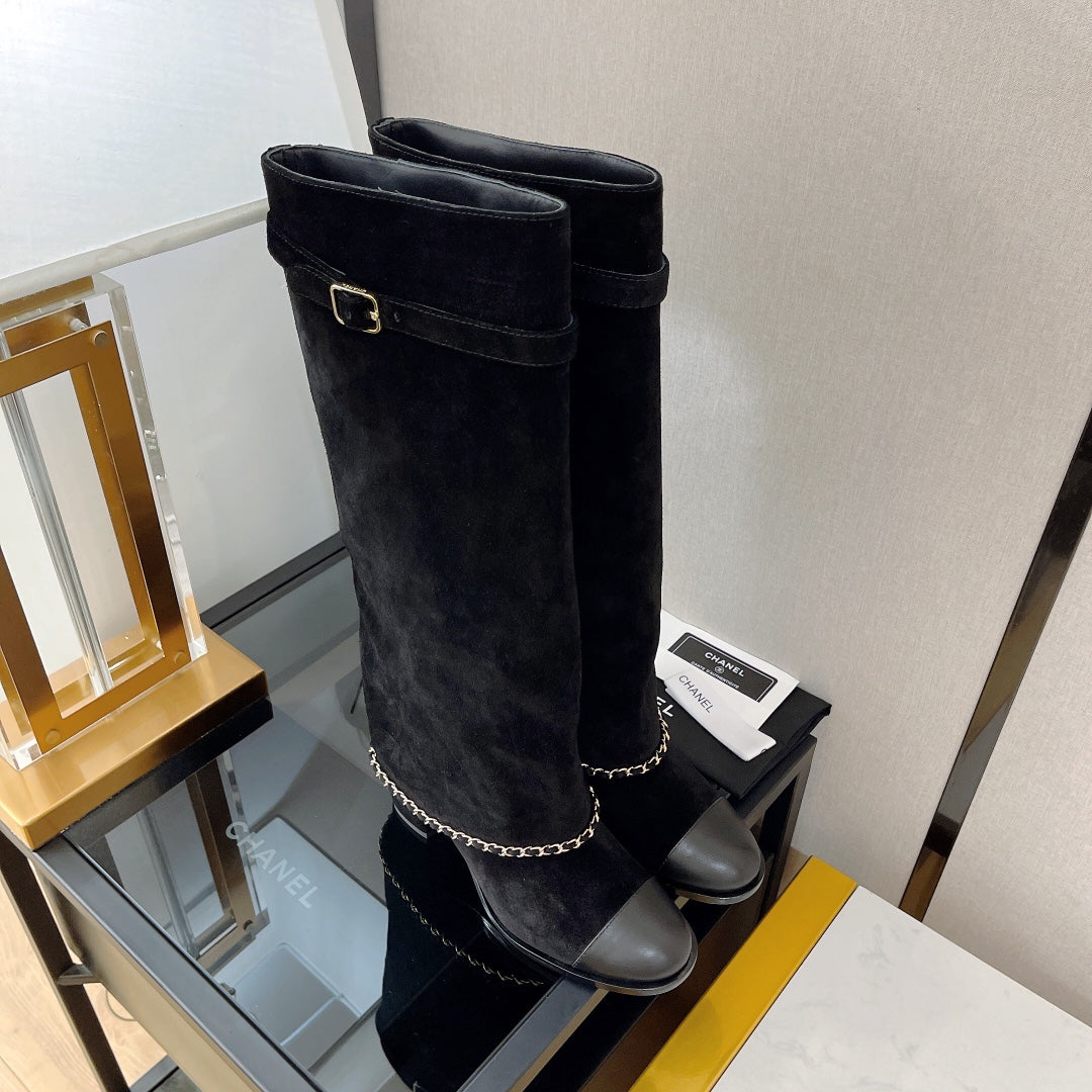 Retro chunky heel chain high boots x090901