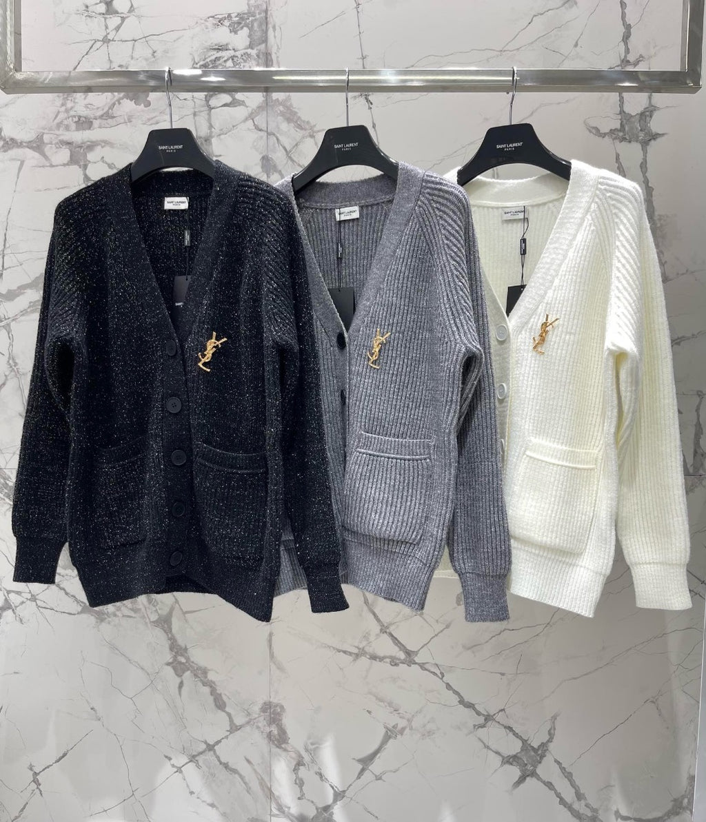 V-Neck Knit Wool Cardigan with SiLer Threads  0725022702