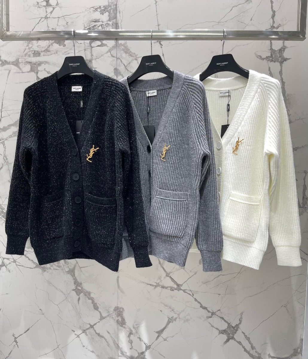 V-Neck Knit Wool Cardigan with SiLer Threads  0725022702