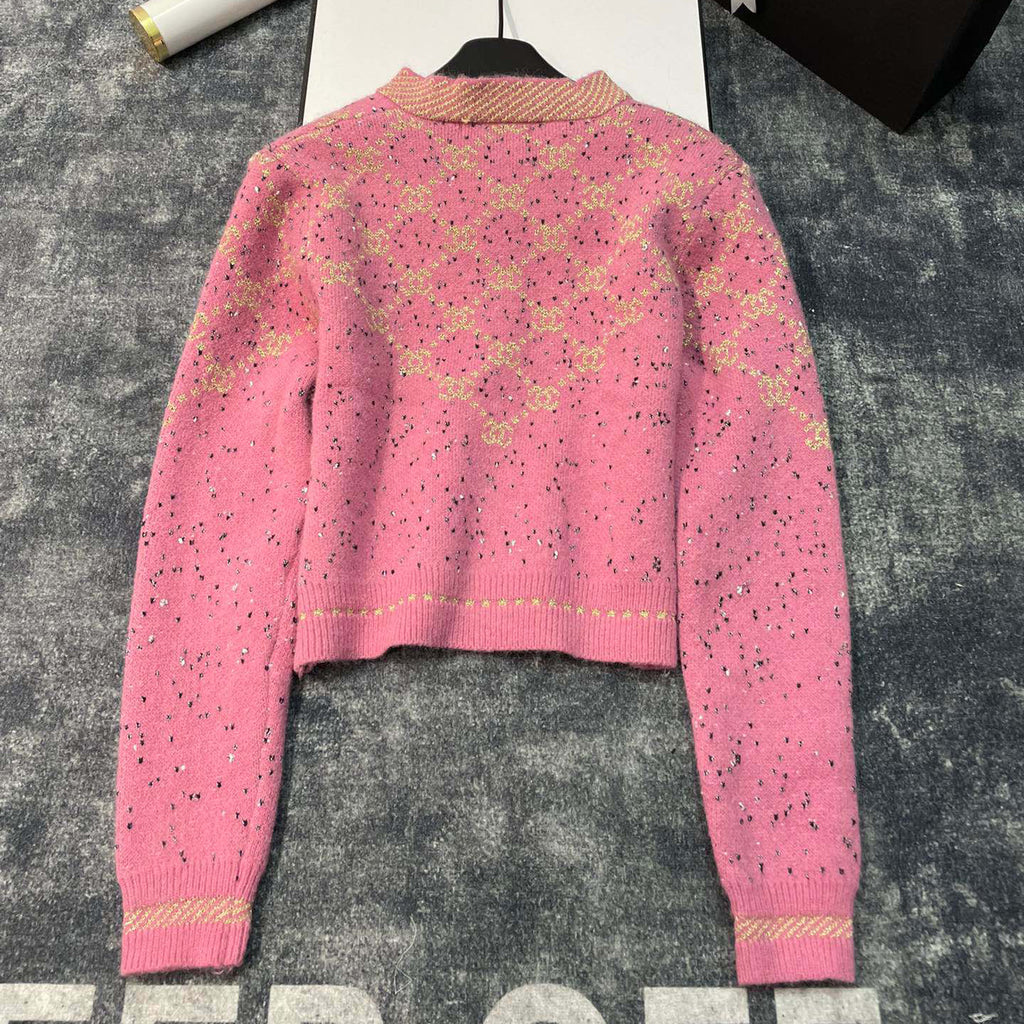 fashion gold thread jacquard custom gold buckle custom yarn gradient round neck long sleeve buttoned knitted sweater cardigan jacket XC0723112005