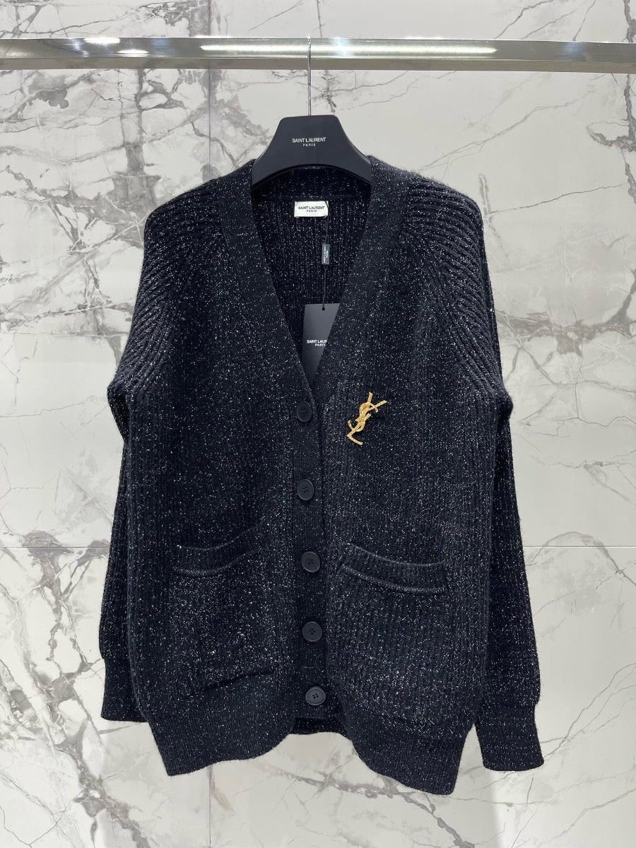 V-Neck Knit Wool Cardigan with SiLer Threads  0725022702